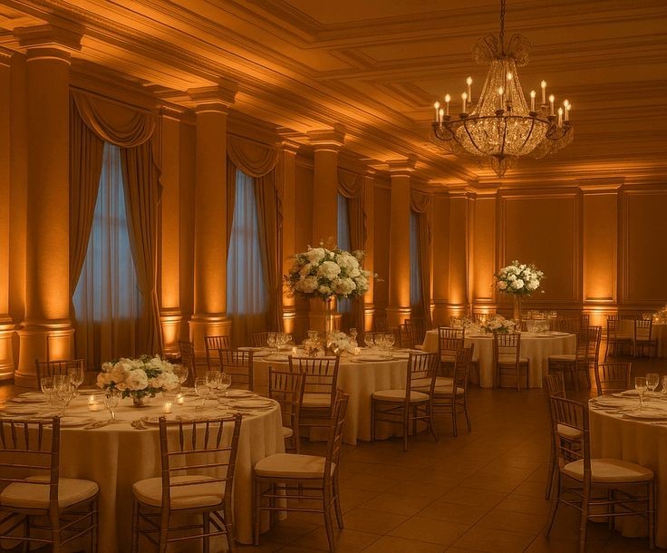 Ballroom with uplighting on every column, recolored by the lighting demo